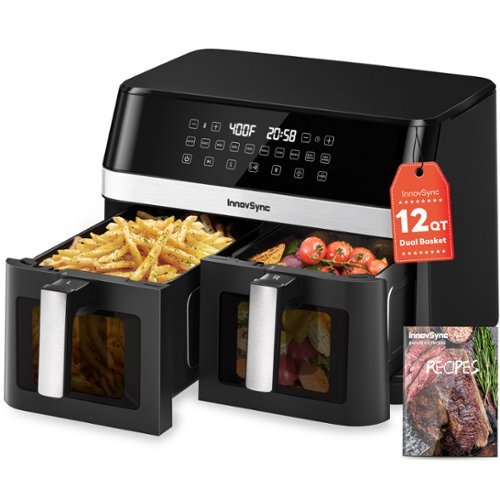 InnovSync - 12QT Large Dual Air Fryer, 10-in-1 Double Zone Airfryer with 2×6QT Baskets, 60° Easy-Panel with Full Touchscreen - Black-Front_Standard 
