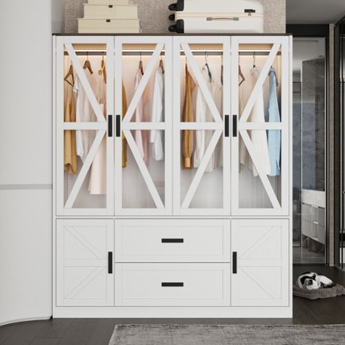 FUFU & GAGA - Luxury Modern Wardrobe Closet with Glass Doors, LED Lighting System, Hanging Rods, Drawers & Open Shelves - White-Front_Standard 