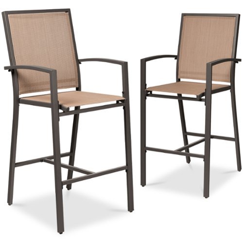 Best Choice Products - Outdoor Barstools Set of 2, Bar Height Patio Chairs w/ All-Weather Mesh - Brown/Light Brown-Front_Standard 