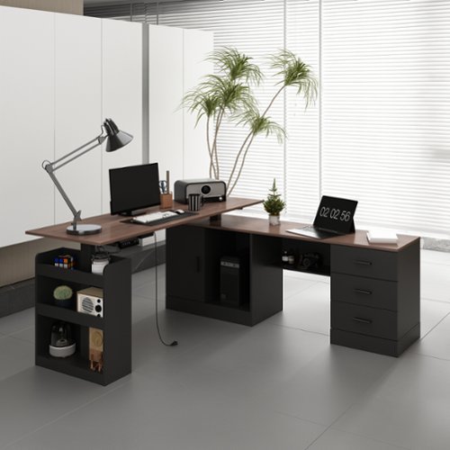 FUFU & GAGA - FUFU&GAGA L - Shaped Electric Standing Desk - Adjustable Height, Home & Office Workstation - Brown & Black-Front_Standard 