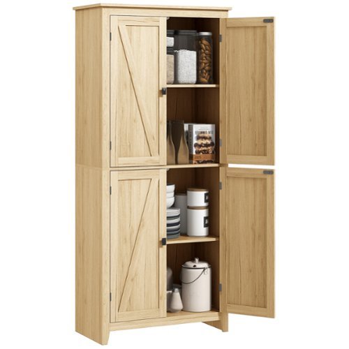 Homcom - 72" Freestanding Kitchen Pantry Cabinet, Farmhouse Tall Storage Cabinet with 4 Door Cabinets and Adjustable Shelves - Natural Wood-Front_Standard 