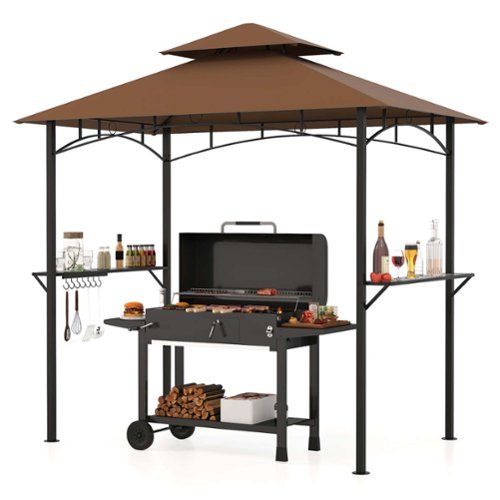 Costway - 8' x 5' Grill Gazebo with 2 Shelves 7 Hooks Metal Frame Soft Top - Brown-Front_Standard 