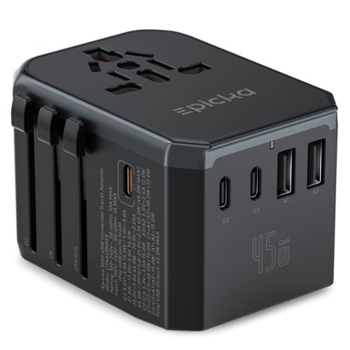 Epicka - GaN Universal Travel Adapter with USB Ports, PD Fast Charging International Plug Adapter, Multi-Port Travel Charger - 105S-Black-Front_Standard 