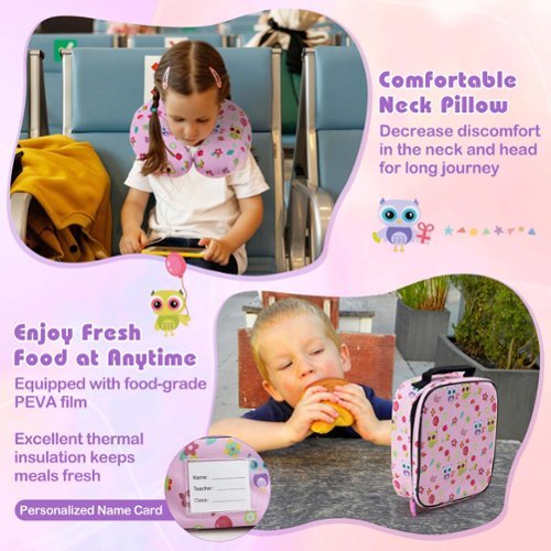 Costway 5 PCS Kids Luggage Set with Backpack Neck Pillow Luggage Tag Lunch Bag Wheels - Light Pink BUY ONLINE