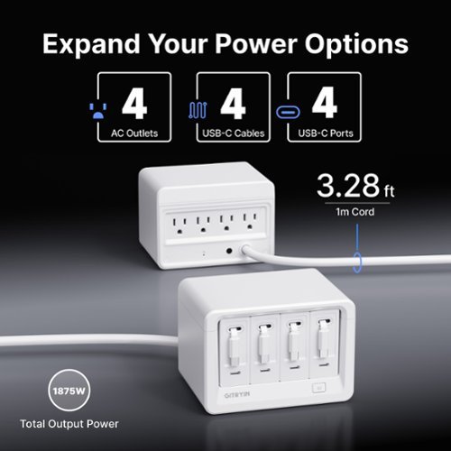 Gitryin Desktop Charging Station + 1 USB-C Retractable Charger, 40W, 31.5-Inch flat Cable, 8 AC - White GLOBAL SHIPPING