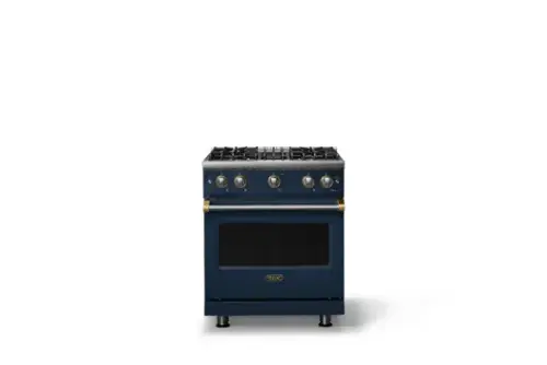 Front. Viking - Pro 5 Series 4.0 Cu. Ft. Freestanding Sealed 4 Burner Gas Convection Range - Damascus Gray w. Brushed Brass Trim - Slate Blue.