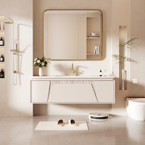 LOVMOR Tempered Glass Rounded Rectangle Framed Wall-Mounted Bathroom Vanity Mirror - 36 x 30 - Gold HOW TO BUY