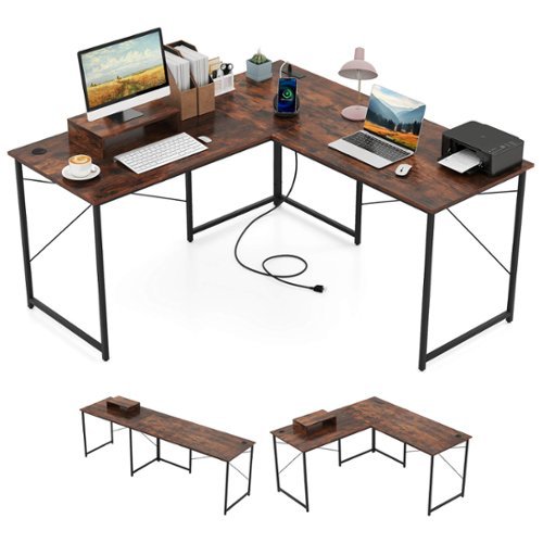 Costway - L-Shaped Reversible Computer Desk 2-Person Long Table w/Monitor Stand - Rustic Brown-Front_Standard 