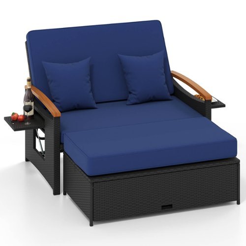 Costway - Patio Rattan Daybed Set with Cushioned Loveseat & Storage Ottoman for Porch - Navy + Black-Front_Standard 