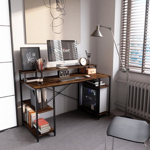 Bestier Gaming Monitor Shelf Desk with Storage -55" wide - Rustic Brown