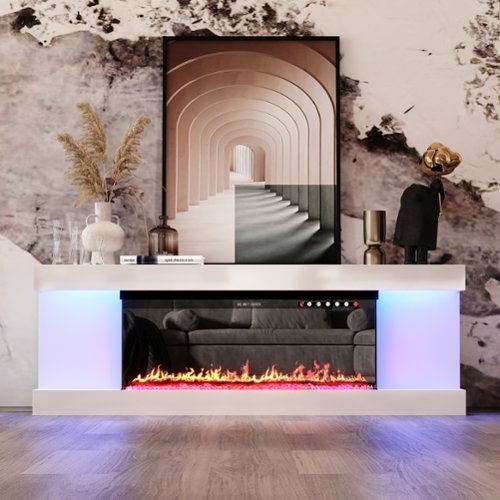 Famapy - Upto 65" TV Stand with Electric Fireplace and LED Lights, Entertainment Center with Storage for Living Room Heating - White & Black-Front_Standard 