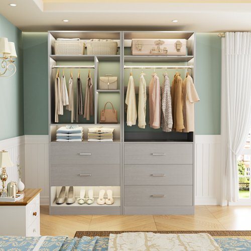 Aheaplus - Heavy Duty 48-Inch Walk-in Closet Organizer: 5 Wood Drawers, 2 Hanging Rods, 7 Shelves (48x15x80 in) - Gray-Front_Standard 