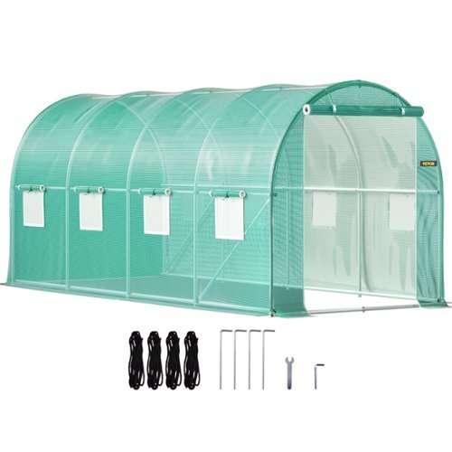 VEVOR - Walk-in Tunnel Greenhouse, 15 x 7 x 7 ft Portable Plant Hot House with Galvanized Steel Hoops, 1 Top Beam,Diagonal Poles - Green-Front_Standard 