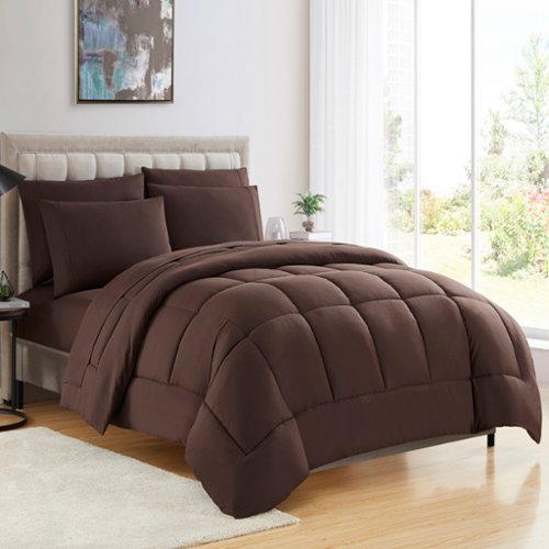Sweet Home Collection - All Season Reversible Bed-in-A-Bag Solid Color Comforter & Sheet Set, Queen - Brown-Front_Standard 
