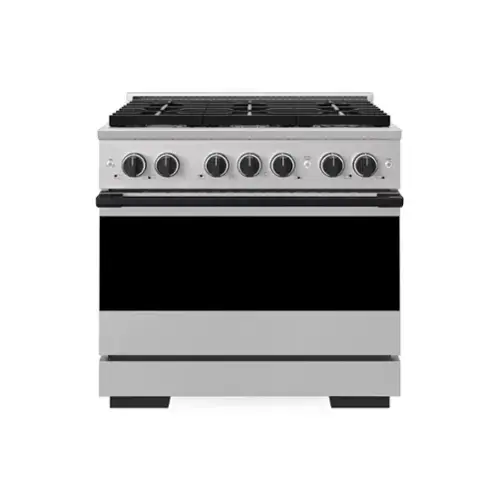 Front. ZLINE - Autograph 36 in. 5.2 cu. ft. Marino Freestanding Gas Range with 6 Burners and Manual Clean Oven with Black Accents - Stainless Steel.