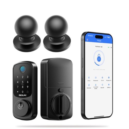 DESLOC - B200 Smart Lock Keyless Entry Fingerprint Deadbolt with Handle/Lever Set, Front Door Replacement, Bluetooth App - Black - Knob-Front_Standard 