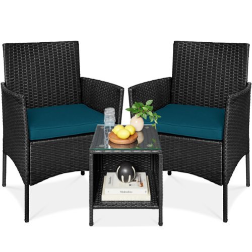 Best Choice Products - 3-Piece Outdoor Wicker Conversation Patio Bistro Set, w/ 2 Chairs, Table - Black/Peacock-Front_Standard 
