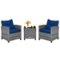 Costway - 3PCS Patio Rattan Furniture Bistro Set Cushioned Sofas Side Table Armrest - Grey Rattan & Navy Cushion-Front_Standard