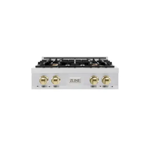 Front. ZLINE - ZLINE Autograph 30 in. Classic Rangetop w/ 4 Burners in Stainless Steel & Polished Gold Accents - Stainless Steel.