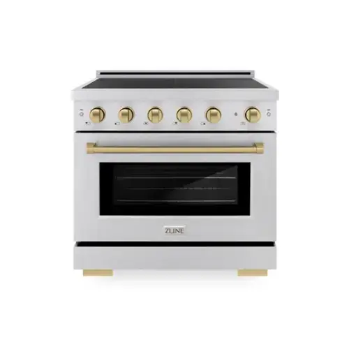 Front. ZLINE - Autograph 36 in. 5.2 cu. ft. Paramount Freestanding Induction Range with 5 Burners in Satin Steel with Bronze Accents - Satin Stainless Steel.