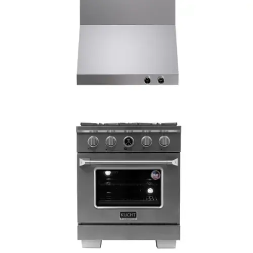Front. Kucht - 30 in. 4.2 cu. ft. 4 Burners Dual Fuel Range for Propane Gas in Stainless Steel + Wall Mount Range Hood - Stainless Steel.