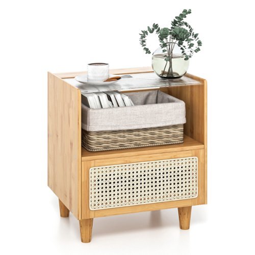 Costway - Bamboo Rattan Nightstand Boho Bedside End Table with  Drawer & Wood Legs - Natural