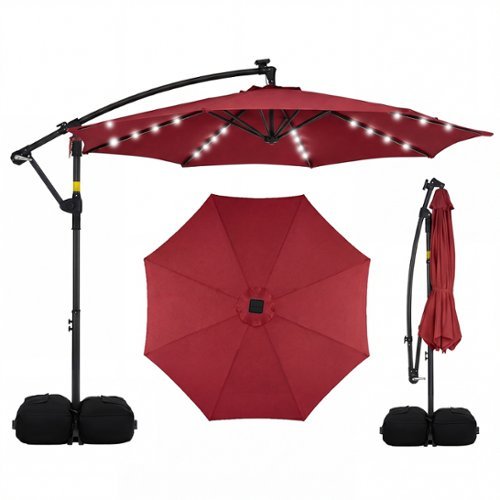 Costway - 10 FT Solar Offset Hanging Umbrella Patio Cantilever Umbrella with 32 LED Lights - Red-Front_Standard 