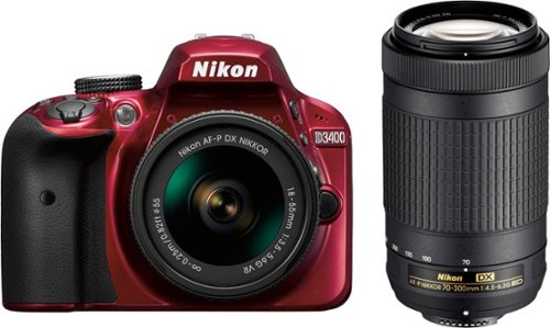  Nikon - D3400 DSLR Camera with AF-P DX 18-55mm G VR and 70-300mm G ED Lenses - Red