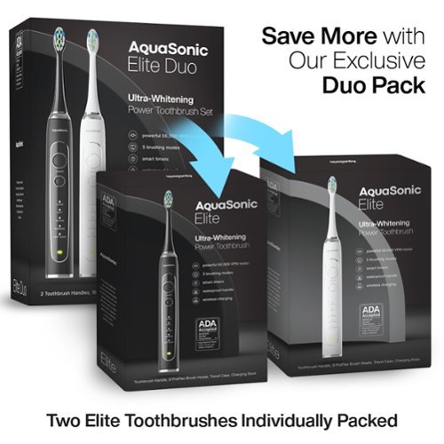 AquaSonic Elite Duo - Rechargeable Electric Toothbrush Set - 2 Brushes, 16 Brush Heads, Wireless, Travel Cases - White and Black WORLDWIDE DELIVERY