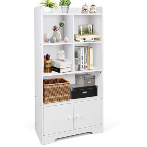 Costway - 4-Tier Bookshelf 2-Door Storage Cabinet w/4 Cubes Display Shelf for Home Office - White-Front_Standard 