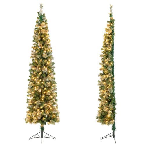 Costway - 7ft Pre-lit PVC Artificial & Pine Needles Half Christmas Tree w/ 150 Lights - Green-Front_Standard 