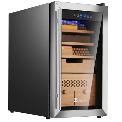 Front. KingChii - 43L Compressor Cigar Humidor with Temp and Humidity Control, Spanish Cedar Shelves & Drawer Hygrometer(375 Capacity) - Silver.