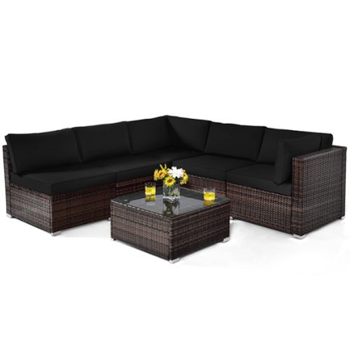 Costway - 6PCS Patio Rattan Furniture Set Cushioned Sofa Coffee Table - Black-Front_Standard 