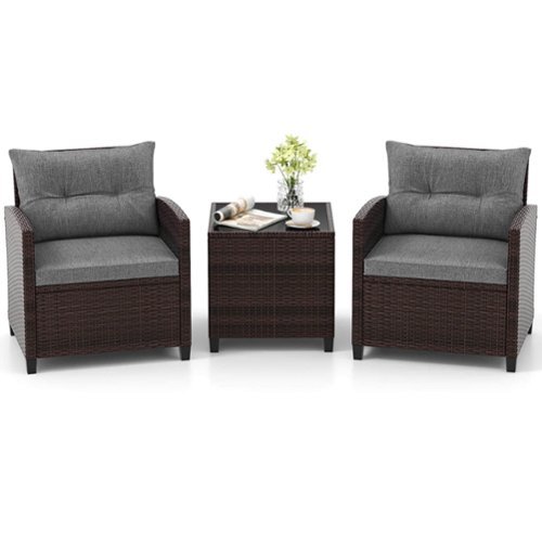 Costway - 3 PCS Patio Rattan Furniture Set Cushioned Conversation Set Sofa - Gray-Front_Standard 