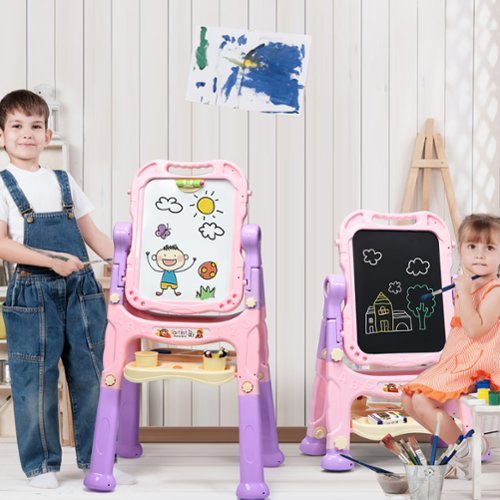 Costway Height Adjustable Kids Art Easel Magnetic Double Sided Board w/ Accessories Pink - Pink