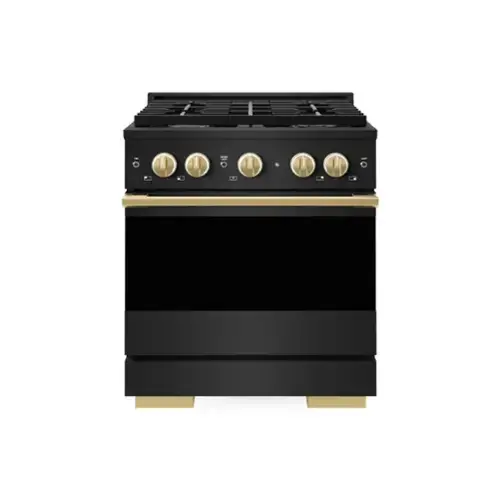 Front. ZLINE - Autograph 30 in. 4.2 cu. ft. Marino Dual Fuel Freestanding Range with 4 Gas Burners in Black Steel with Gold Accents - Black Stainless Steel.