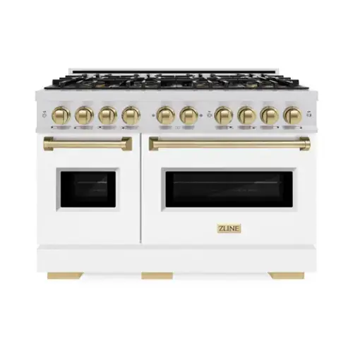 Front. ZLINE - Autograph 48 in. 6.7 cu. ft. Classic Freestanding DuoPro Gas Range w/ White Matte Door and Champagne Bronze Accents - White Matte.