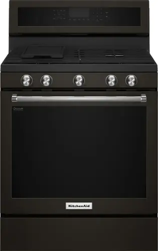 The image features a large black gas range oven with a stainless steel finish. The oven has a stove top and a built-in oven, making it a versatile and functional appliance for cooking. The oven is designed by KitchenAid, a well-known brand known for its high-quality kitchen appliances. The oven's size and features make it suitable for various cooking needs, from preparing small meals to hosting large gatherings.