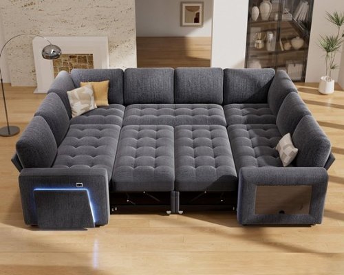 Dyonery - Dyoney Large U Shaped Sectional Couch,with Pull Out Bed/Reclining Backrest/Table/Storage Seat,Tool-Free Assembly - Gray-Front_Standard 