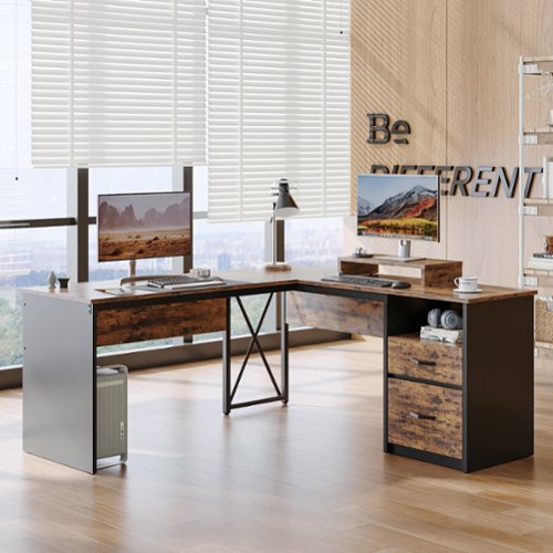 Bestier L-Shaped Gaming Desk with Drawers and Monitor Stand - 55.7" wide - Black