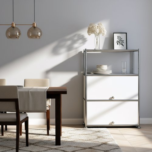Malletson - 3 Tier Modular Metal Sideboard Storage Cabinet, Modern Grid-Style, for Dining Room, Living Room or Office - White-Front_Standard 