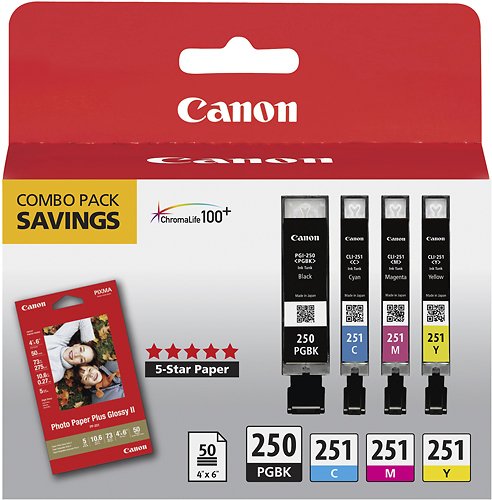  Canon - 250/251 4-Pack Standard Capacity Ink Cartridges + Photo Paper - Black/Cyan/Magenta/Yellow