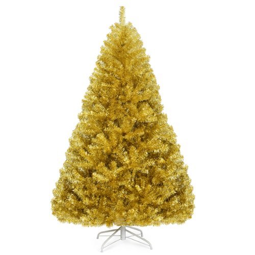 Costway - 6ft Artificial Tinsel Christmas Tree Hinged w/1036 Tips Foldable Stand Champagne - Champagne Gold-Front_Standard 
