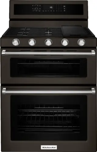 Front. KitchenAid - 6.0 Cu. Ft. Self-Cleaning Freestanding Double Oven Gas Convection Range - Black Stainless Steel with Printshield Finish.