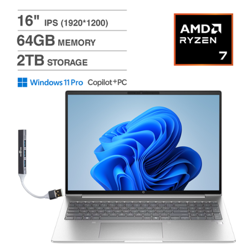 HP - ProBook 465 G11 Laptop 16.0 WUXGA (AMD Ryzen 7 7735U, 64GB DDR5, 2TB PCIe SSD, Win 11 Pro) w/USB Hub - Pike Silver-Front_Standard 