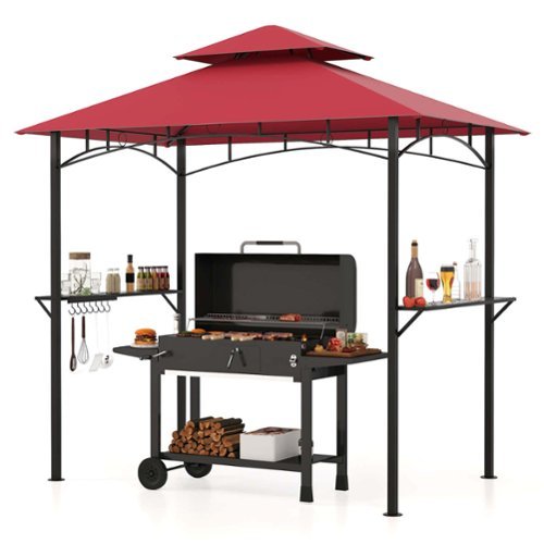 Costway - 8' x 5' Grill Gazebo with 2 Shelves 7 Hooks Metal Frame Soft Top - Wine-Front_Standard 
