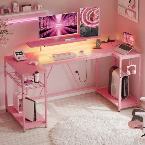 Bestier Gaming Desk with LED Display Stand and Storage Space - 63" wide - Pink