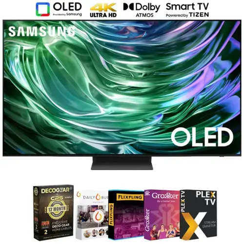 OLED 4K Ultra HD  
Provided by Samsung  
Dolby Atmos  
Smart TV  
Powered by Tizen  

Samsung OLED  

OLED  

DECOGEAR  
CPS Bundle  
12 Month  
Exclusive Deco Gear HDMI Cables  

Daily Burn  
Flixfling  

Groxker TV  
Be a better you  

PLEX TV  
Stream Smarter