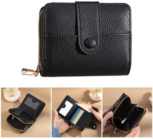  Auledio - Women's Small Soft Leather Wallet, Small Wallet, Mini Wallet with Large Zipper Coin Pocket, Compact (1 Pack) - Black
