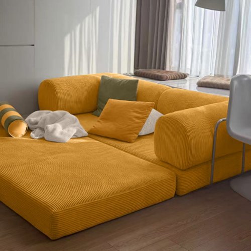 KERDOM - 78 Inch W Sectional Modular Sofa, 3-4 Person Corduroy Sofa Bed Foldable, High Rebound Density Sponge Sofa, Block Couch - Yellow-Front_Standard 